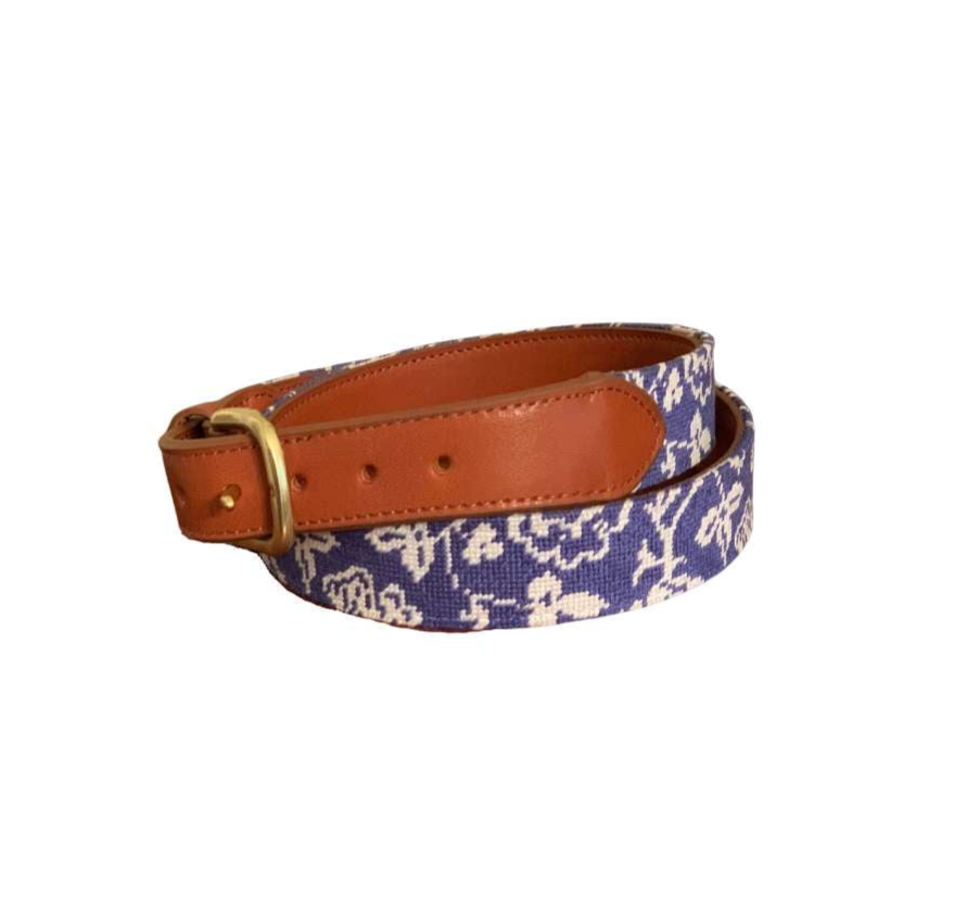 Women's Needlepoint Belt- Blue Paisley Design Hand Stitched