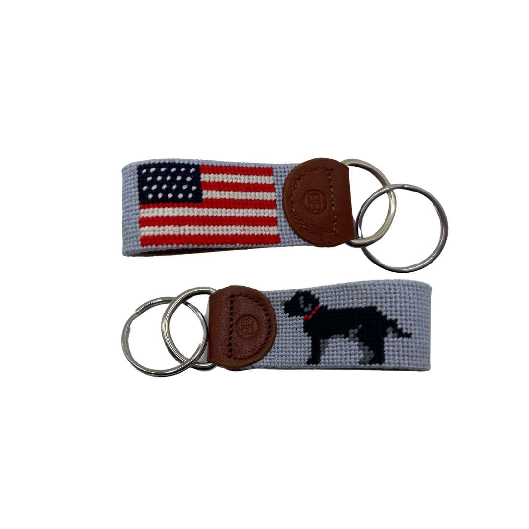 Needlepoint Key Fob Black Lab and American Flag designed Key Fob