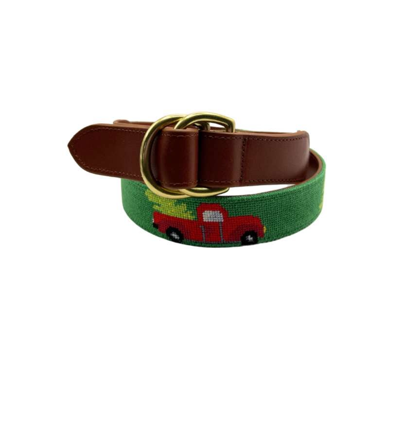 Needlepoint Belt-Christmas RedTruck design, hand stitched