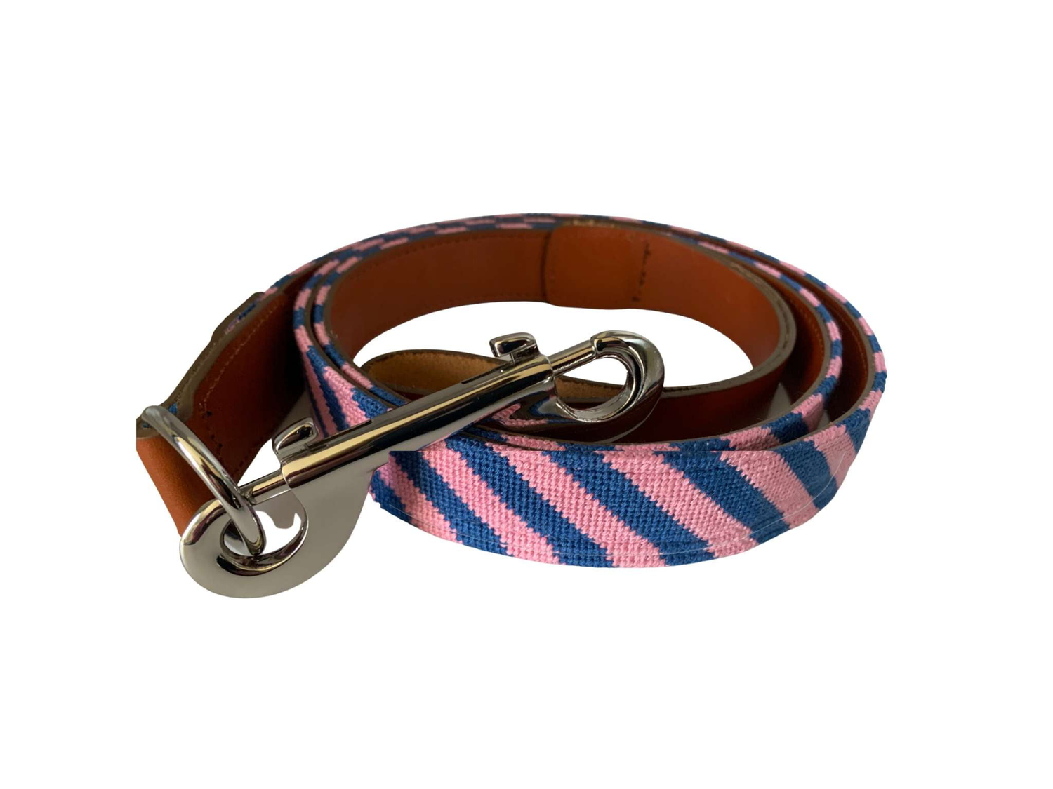 Needlepoint Leash- Pink and Navy Striped / Baldwin Belts