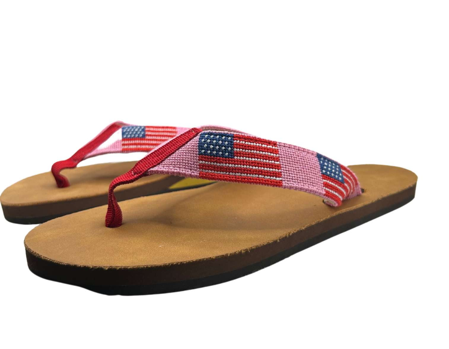 Needlepoint Flip Flops-  Hand stitched Needlepoint Women's Pink Flag /Baldwin Belts