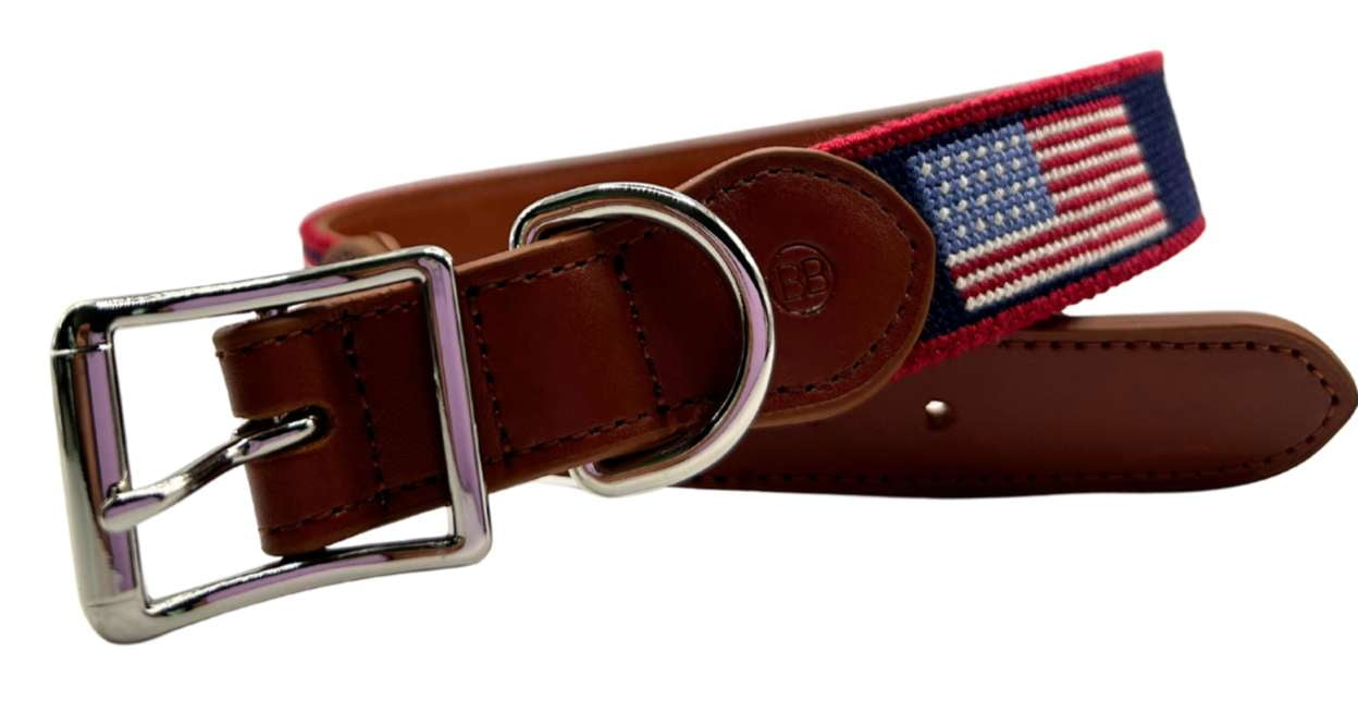 Needlepoint Dog Collar- American Flag design with red border