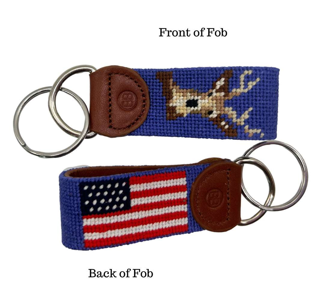 Needlepoint Key Fob Deer head flag design / Baldwin Belts