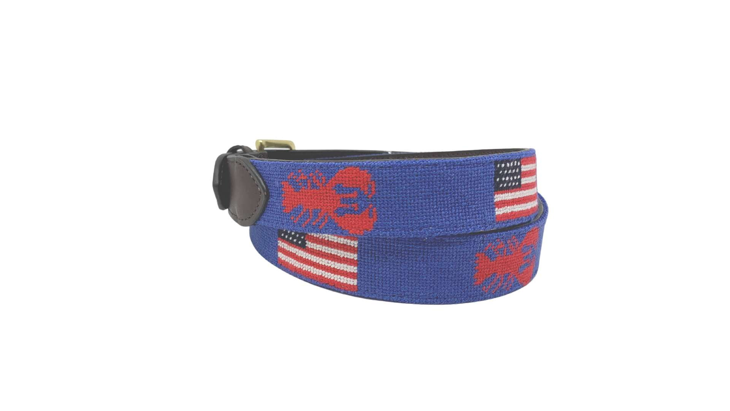 Needlepoint Belt-Lobster and American Flag design, hand stitched