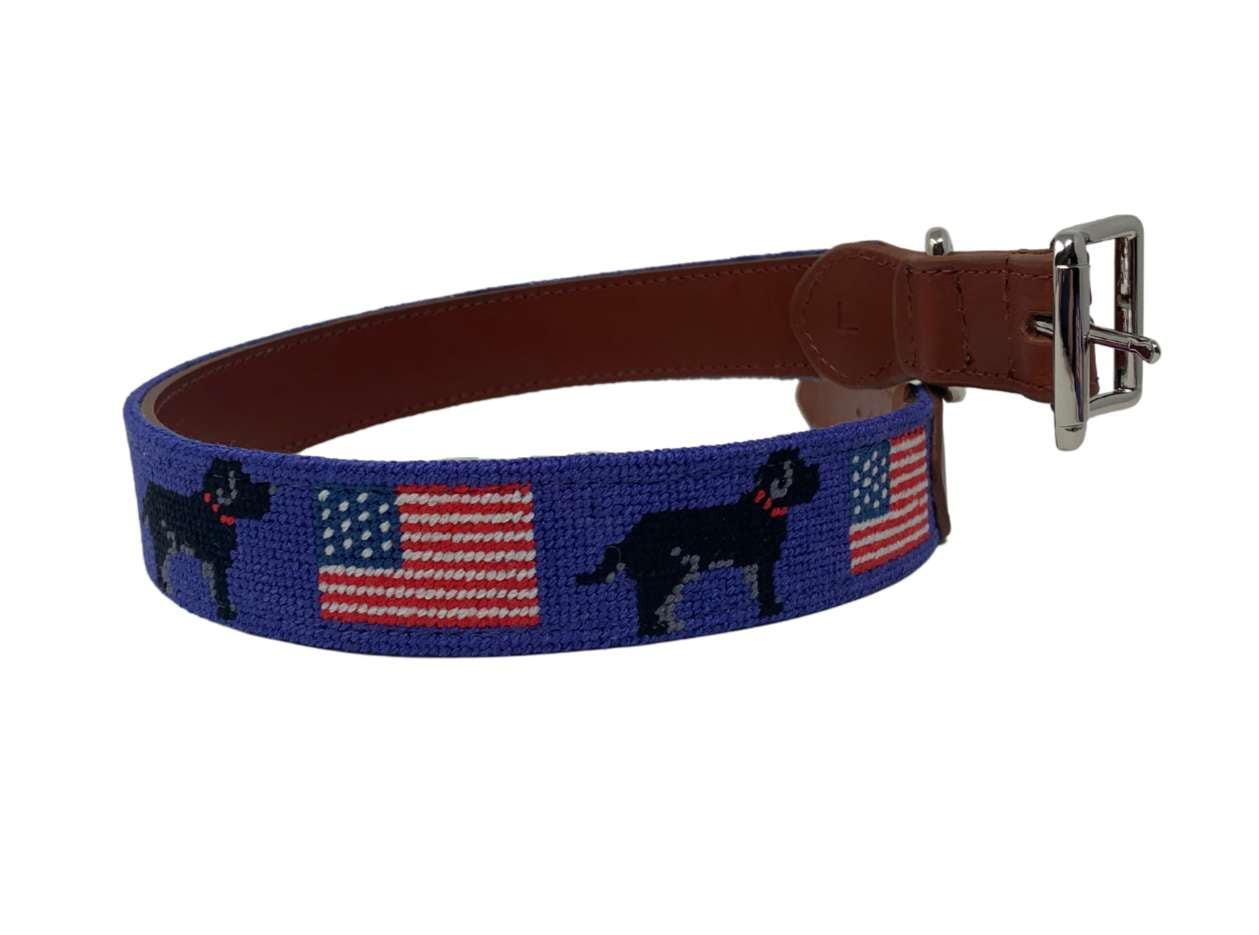 Needlepoint Dog Collar- Black Lab Dog USA Flag design